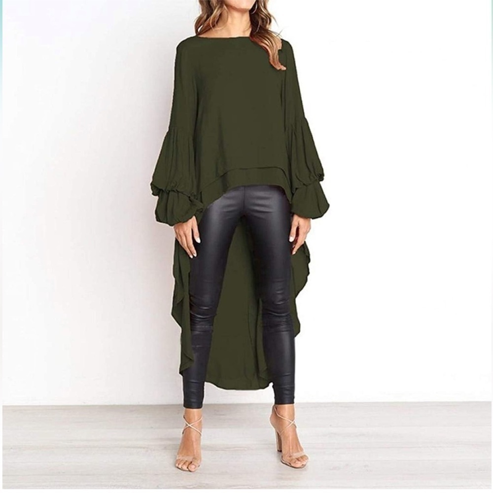Asymmetrical Top With High Low Hem In Army Green Lantern Sleeves